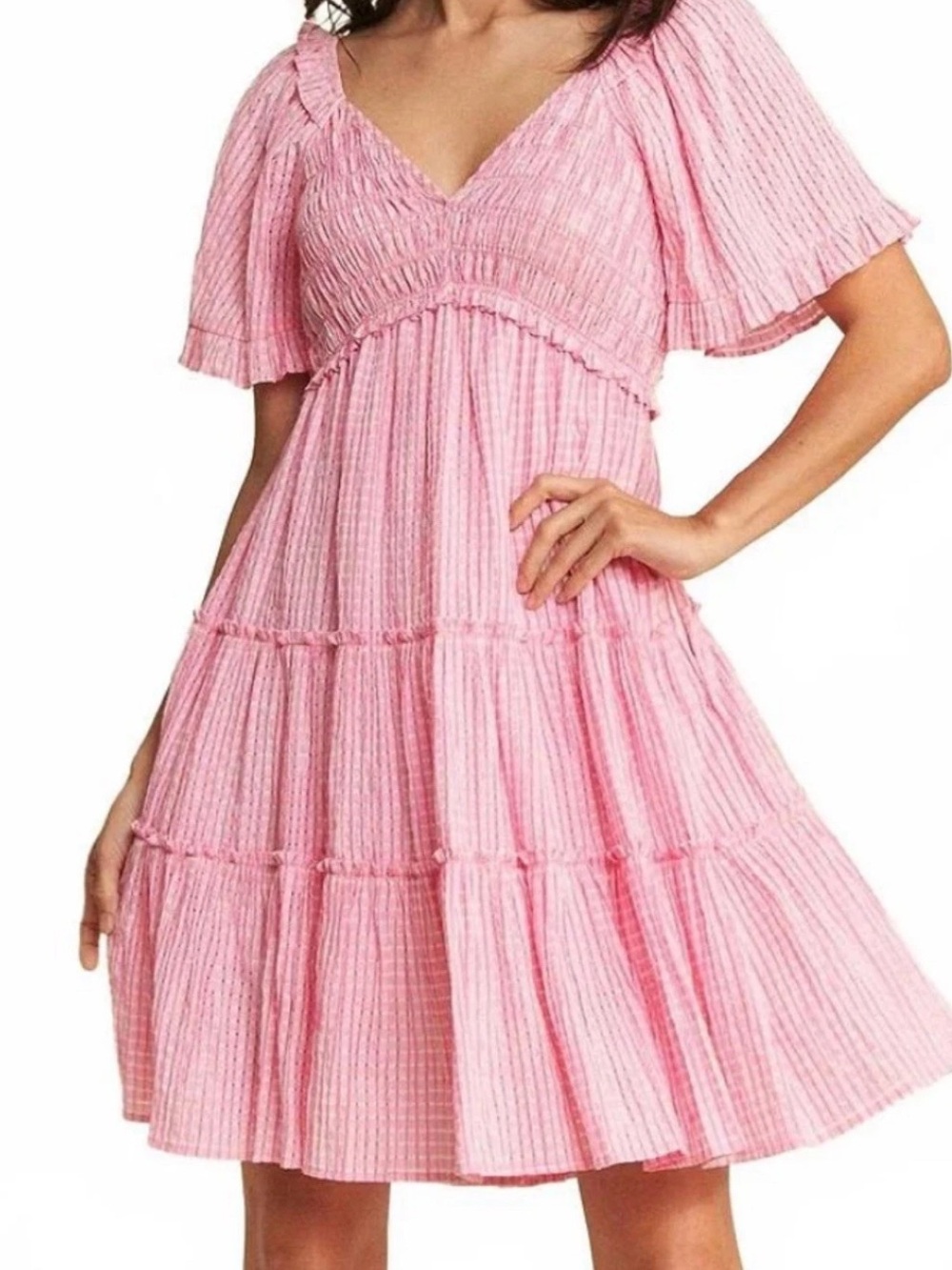 Davi & Dani Jacquard Checker Smocking Tiered Pink Dress Size Large